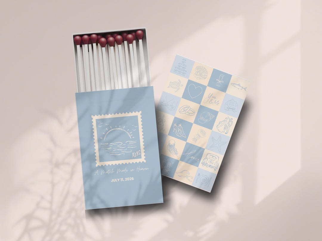 Coastal Wedding Matchbox Canva Template Hand Drawn Matchbooks Custom ...