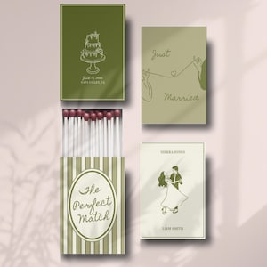 May include: An assortment of wedding-themed matchboxes and a matchbox. The matchbox features the text "The Perfect Match" in an oval design. Other matchboxes have illustrations of a wedding cake, a couple holding hands, and a dancing couple.