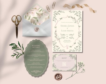 May include: A wedding stationery set featuring a cream invitation with a floral border, a sage green scalloped details card, and a pale pink RSVP card. The envelope has a floral liner and a wax seal. Gold scissors and a small bowl are included.