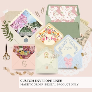 May include: A collection of custom envelope liners featuring various floral and scenic patterns, including pink cherry blossoms, vibrant wildflowers, and blue botanical designs. The set includes stationery accessories like scissors, paper clips, and ribbons.