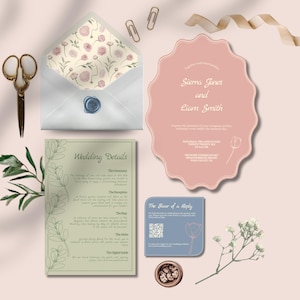 Peut inclure: Ensemble de papeterie de mariage comprenant une invitation rose avec les noms "Sierra Jones et Liam Smith", une enveloppe doublée de motifs floraux, une carte "Détails du mariage", des ciseaux et des éléments décoratifs.
