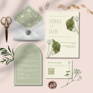 Peut inclure: Un ensemble de papeterie de mariage comprenant une invitation crème avec des motifs floraux, une enveloppe avec une doublure florale et une carte de détails. L'invitation comprend les noms "SIERRA & LIAM". Ciseaux et trombones dorés également présents.
