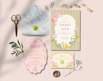 Könnte beinhalten: Ein Hochzeitseinladungs-Set mit einer rechteckigen Einladung mit grünen Streifen und Blumenmotiven, einer gewellten Detailkarte und einer RSVP-Karte mit QR-Code. Ein Umschlag mit blauem Blumenfutter und einem grünen Wachssiegel liegt bei.