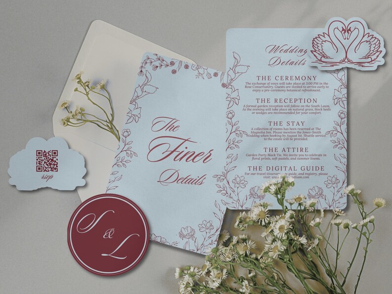 Burgundy and Powder Blue Wedding Invitation Template Canva Trendy ...