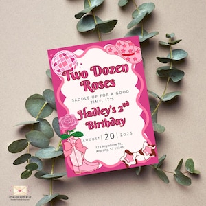 Roses 2nd Birthday Invitation: Cowgirl Party, Editable Canva Template (PDF File)