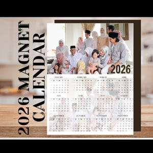 May include: A 2026 magnet calendar featuring a family portrait. The calendar displays the months from January to December. The words "2026 MAGNET CALENDAR" are printed vertically on the left side.