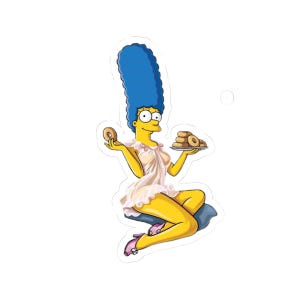 May include: A sticker depicting a cartoon character with blue hair, yellow skin, and a white dress. The character is holding a donut and a plate of donuts. The character is sitting on a blue cushion.