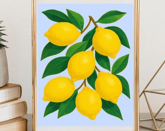 Lemon Wall Art Print, Modern Fruit Painting, Kitchen Decor, Trendy Botanical Digital Download
