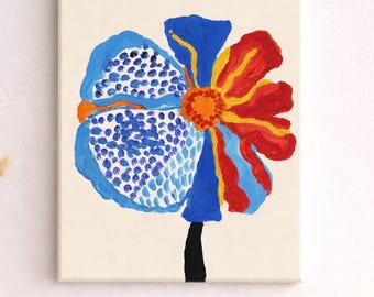 Abstrakcyjny obraz kwiatowy 8x10, czerwono-niebieski, nowoczesny obraz botaniczny na płótnie, oryginalna sztuka akrylowa