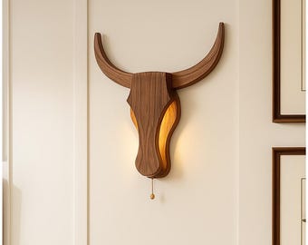 Wooden Bull Head Wall Light – Rustic Modern Wall Sconce Lamp – Handmade Animal Decor – Boho Western Wall Art – Unique Farmhouse Lighting