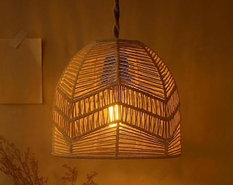 Boho Rattan Pendant Light – Handmade Woven Lampshade, Natural Ceiling Light for Bedroom, Living Room, Dining Room – Scandinavian Farmhouse