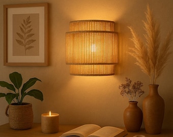 Boho Rattan Wall Sconce – Handmade Woven Wall Lamp | Natural Warm Decorative Lighting for Bedroom, Living Room & Hallway