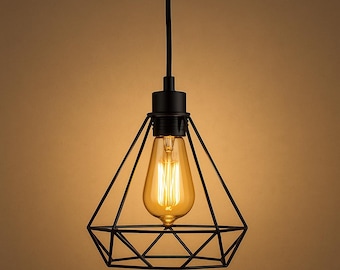 Vintage Industrial Pendant Light – Black Geometric Cage Lamp with Edison Bulb – Modern Hanging Light for Kitchen, Living Room, or Entryway