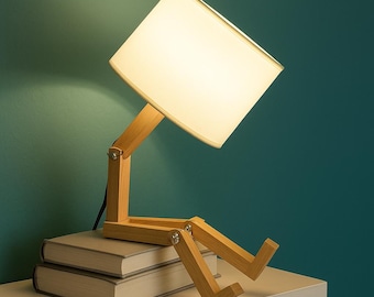 Handmade Wooden Table Lamp – Unique Sitting Figure Lamp with Books – Warm Bedside Light for Cozy Bedroom or Office Decor
