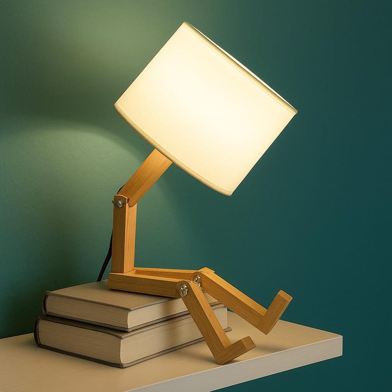 Lámpara de mesa de madera hecha a mano: lámpara única con figura sentada y libros; cálida luz de noche para una acogedora decoración de dormitorio u oficina.