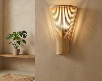 Natural Bamboo Wall Lamp | Scandi Coastal Home Decor | Wooden Bedside Night Light | Mid Century Modern E27 Sconce | Zen Gift