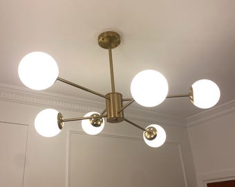 Gold Sputnik Chandelier – Modern Brass Ceiling Light, 6-Light Pendant, Mid-Century Modern Lighting for Living Room, Bedroom or Dining Room
