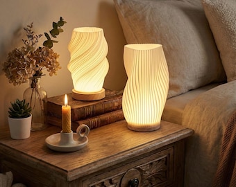 3D Printed Table Lamp, White Fluted Lampshade, Modern Swirl Light, Wood Base Bedside Lamp, Soft Ambient Lighting, Sustainable Decor