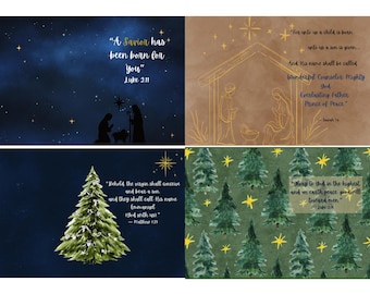 Könnte beinhalten: Vier Weihnachtskarten mit religiösen Zitaten. Eine Karte zeigt eine Silhouette einer Krippenszene unter einem Sternenhimmel. Eine andere zeigt eine Krippenszene mit goldener Strichzeichnung. Die dritte Karte hat eine Weihnachtsbaum-Illustration. Die vierte Karte hat einen grünen Hintergrund mit Weihnachtsbäumen.