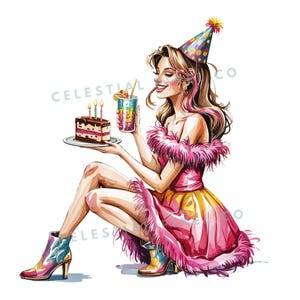 10 Watercolor Birthday Girl Clipart, Party Girl Printable Clipart, High Quality JPG Paper craft junk journals, Birthday Clipart Cake