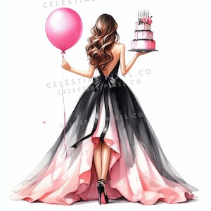31 Watercolor Birthday Girl Clipart, Party Girl Printable Clipart, High Quality JPG Paper craft junk journals, Birthday Clipart Balloons