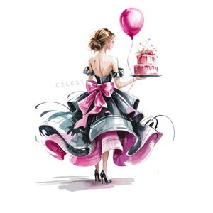 18 Watercolor Birthday Girl Clipart, Party Girl Printable Clipart, High Quality JPG Paper craft junk journals, Birthday Clipart Balloons