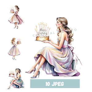 13 Watercolor Birthday Girl Clipart, Party Girl Printable Clipart, Birthday Clipart Cake High Quality JPG Paper craft junk journals,