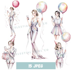 15 Watercolor Birthday Girl Clipart, Party Girl Printable Clipart, High Quality JPG Paper craft junk journals, Birthday Clipart Balloons
