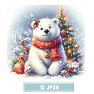 12 Polar Bear Clipart Winter JPEG Bundle, Cute Woodland Animal Digital Download, Snowy Forest Illustration for Crafts Cards Stickers Design