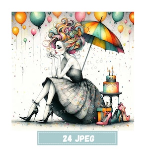 24 Watercolor Birthday Quirky Girl Clipart, Party Girl Printable Clipart, High Quality JPG Paper craft junk journals, Birthday Balloon