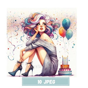 10 Watercolor Birthday Girl Clipart, Melancholy Party Girl Printable Clipart, High Quality JPG Paper craft junk journals, Birthday Balloon