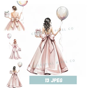 13 Watercolor Birthday Girl Clipart, Party Girl Printable Clipart, Birthday Clipart Balloons, High Quality JPG Paper craft junk journals