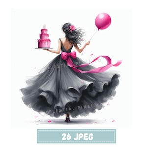 26 Watercolor Birthday Girl Clipart, Pink Party Girl Printable Clipart, High Quality JPG Paper craft junk journals, Birthday Clipart Balloon