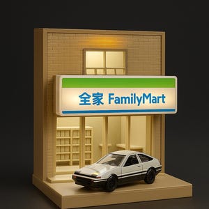 May include: A miniature diorama of a FamilyMart convenience store with a white and black sports car parked in front. The store has a lit sign with Japanese text and the FamilyMart logo. The building is tan with a brick facade.