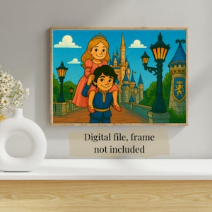 Retrato personalizado del Reino Mágico: Caricatura del Castillo de Cenicienta. Arte familiar Disney personalizado. Regalo imprimible digitalmente.