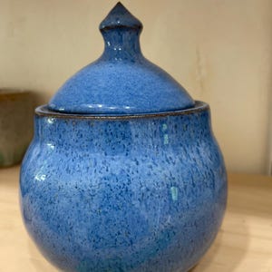 Puede incluir: Un tarro de cerámica azul con tapa. El tarro tiene un cuerpo redondeado y una tapa con un remate puntiagudo. La superficie tiene una textura moteada. El tarro es azul con detalles marrones.