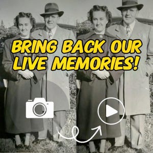 Pode incluir: Uma fotografia a preto e branco de um casal de pé juntos. A foto está desbotada e tem um aspeto vintage. O texto "BRING BACK OUR LIVE MEMORIES!" está sobreposto à imagem. Também está incluído um ícone de câmara e um botão de reprodução na imagem.