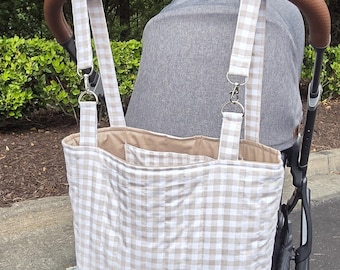 Tan Gingham Quilted Stroller Bag | Handmade Stroller Bag | Universal Stroller Caddy | Quick On The Go Stroller Bag | Baby Essentials