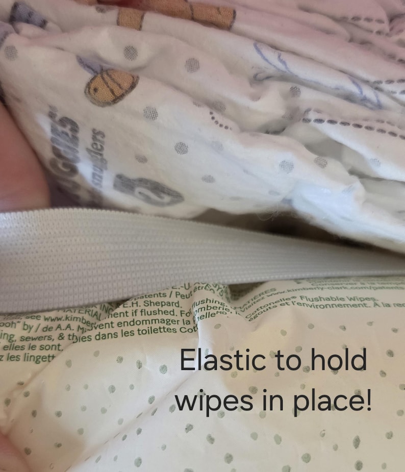 May include: Close-up of a Huggies Snugglers wipes package. The white packaging features a pattern of small grey dots and cartoon illustrations. The text "Elastic to hold wipes in place!" is visible.