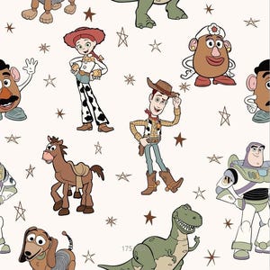 May include: A repeating pattern featuring cartoon characters from the Toy Story franchise. The design includes Woody, Buzz Lightyear, Jessie, Mr. Potato Head, Rex, and others, along with star shapes, on a cream-colored background.