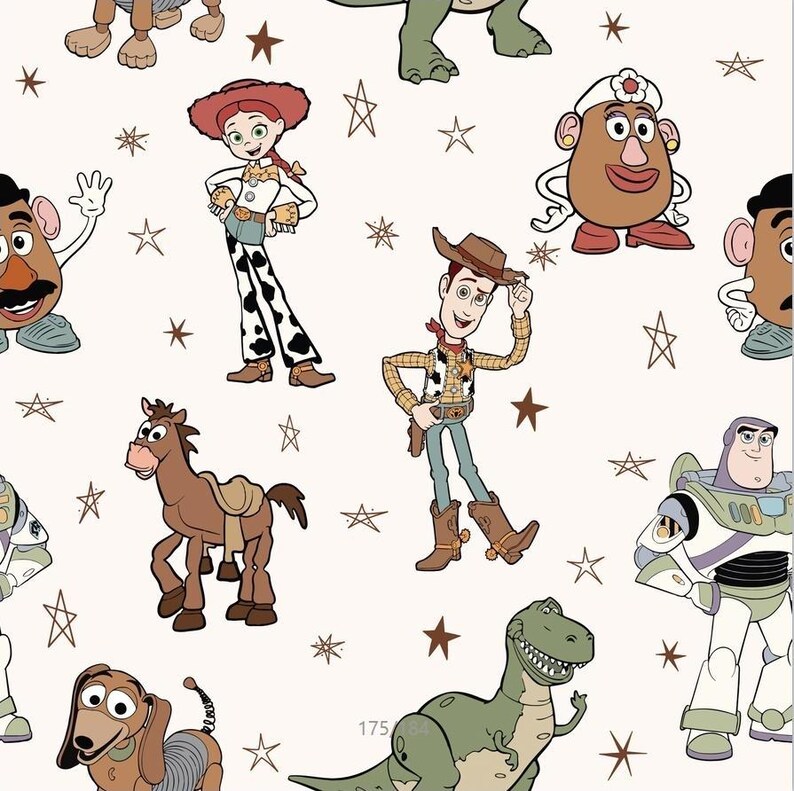 May include: A repeating pattern featuring cartoon characters from the Toy Story franchise. The design includes Woody, Buzz Lightyear, Jessie, Mr. Potato Head, Rex, and others, along with star shapes, on a cream-colored background.