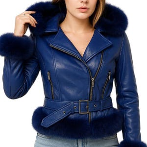Custom Blue Genuine Leather Jacket with Fur Trim – Belted Biker Style Winter Coat with Removeable Fur  Collar, Real Leather Fashion Outerwea