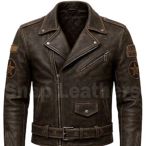 Men vintage Distressed Brown Leather Biker Jacket - Leather Jacket For Men&#39;s Motorcycle Handmade  Biker Jacket Sheepskin Leather Jacket