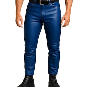 Handmade Real Leather Pants | Leather Jeans Blue Pants | leather trouser | gift for him | Gift for Men - Genuine Sheep Skin Leather Pants