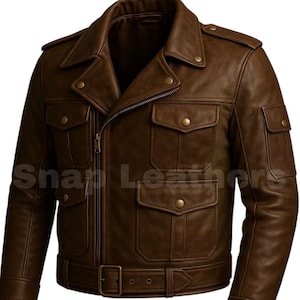 Men’s Brown Military Leather Jacket – Handmade Real Leather Coat with Belt, Shoulder Epaulets, Utility Pockets, Vintage Biker Style