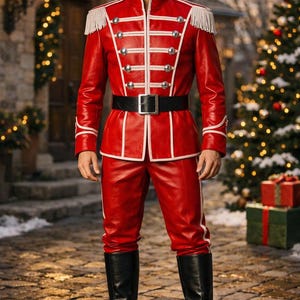 May include: A red military-style jacket and matching trousers with white piping, silver buttons, and white fringe epaulets. The outfit includes a wide black belt with a silver buckle and black leather boots, creating a structured uniform appearance.