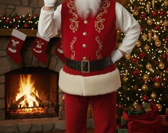 Traje de Papá Noel de lana de lujo con ribete de piel sintética, disfraz navideño hecho a mano.