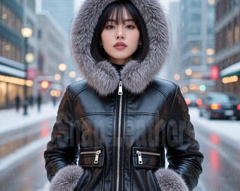 Chaqueta con capucha de piel auténtica: abrigo de invierno negro hecho a mano