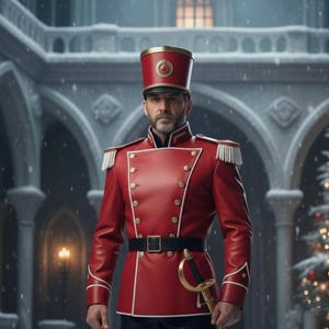 May include: A person in a red military-style uniform with gold buttons, white trim, and epaulets. The uniform includes a black belt and a gold-handled sword. The person is wearing a red hat with gold accents. The background features a snowy, arched building.