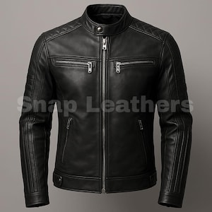 Men&#39;s Black Leather Biker Jacket: Quilted Shoulder Moto Cafe Racer